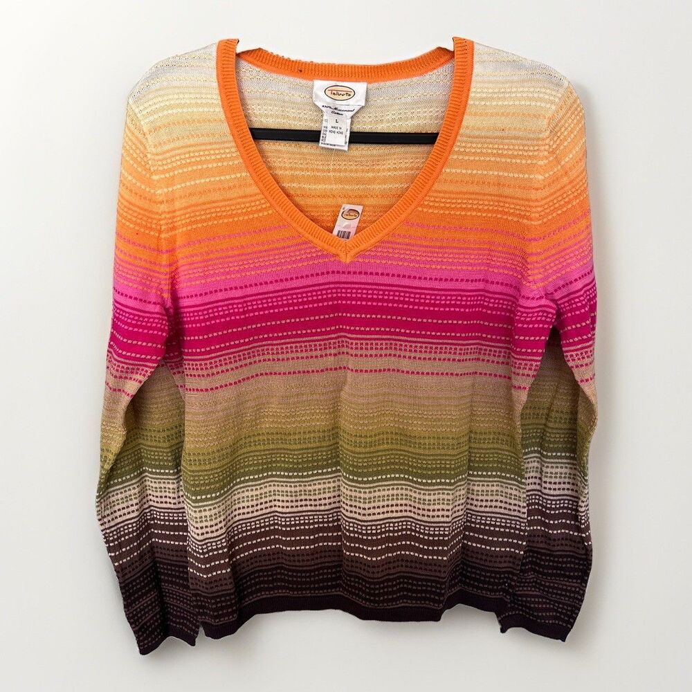 Vtg Talbots Woman Knit Sweater L 100% Mercerized Cotton Textured Color Gradient